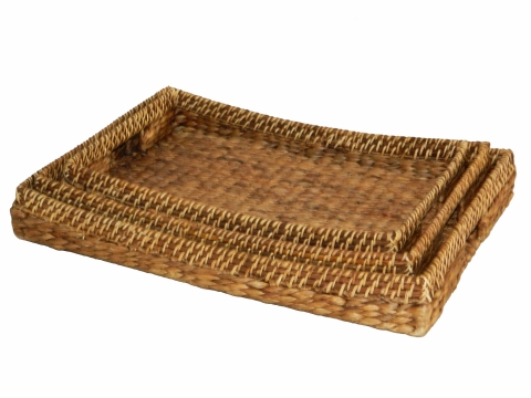 3pc water hyacinth serving tray with rattan rim